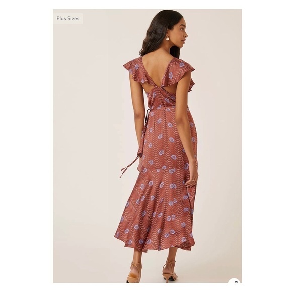 NWT BY ANTHROPOLOGIE Ruffle Sleeve Printed Wrap Maxi Dress Mauve XS - Picture 3 of 9